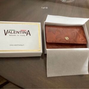 Large Valentina Embossed Leather Wallet in Tan